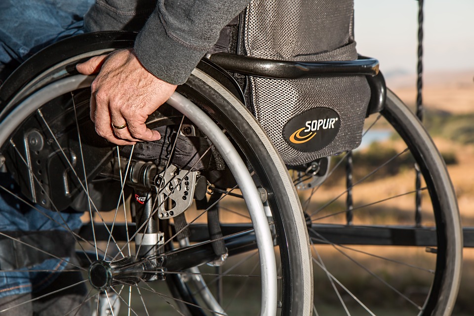 Close-up shot of a wheelchair